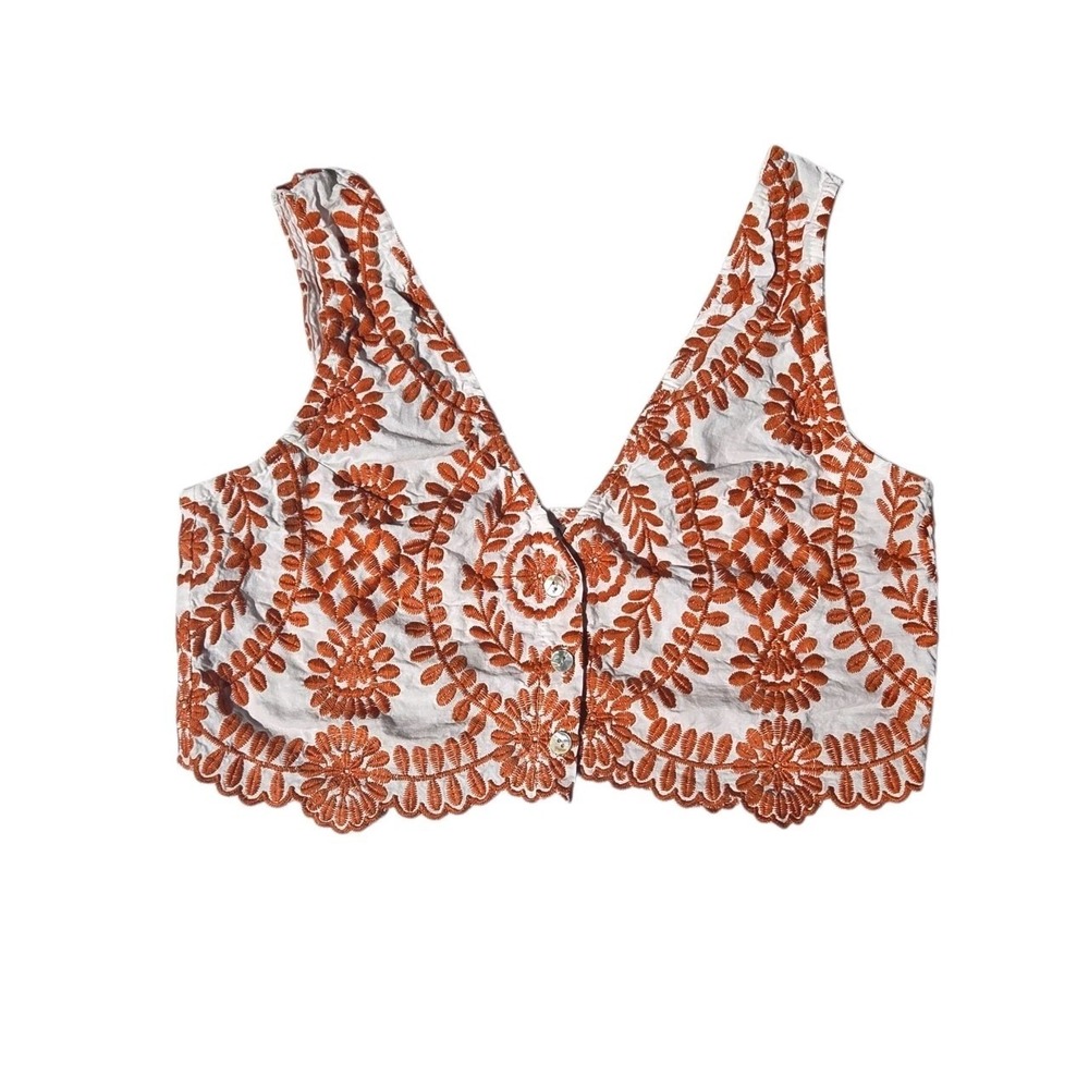 Burnt Orange Embroidered Crop Top Vest Medium Boho Coquette Scalloped Hem 16x14